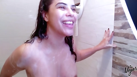 Amateur brunette watching her favorite fan on the phone