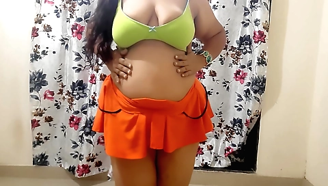 Busty brunette with big boobs fucks herself on webcam