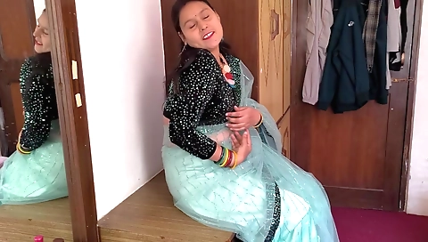 Indian brunette hair shaking while playing with hair