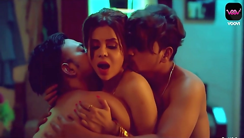 Amateur brunette hottie giving a blowjob to two dudes