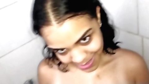 My brunette friend takes a bath and comes in with me