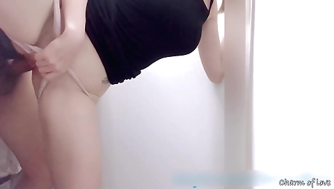 Amateur brunette with small tits is having fun sex in the bathroom